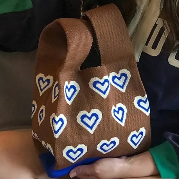 Heavy Woven Knit Heart Pattern Tote Purse Bag Japanese Knot Closure Style - Picture 6 of 6